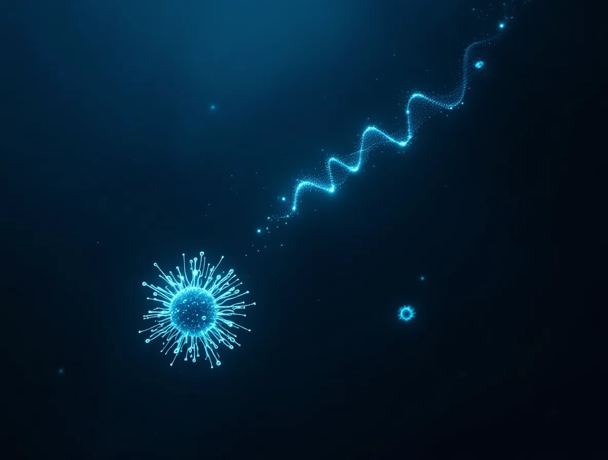 A luminous teal peptide-backbone strand drifting beside a glowing dendritic cell priming maturing T-cell nodes in the deep-sea dark